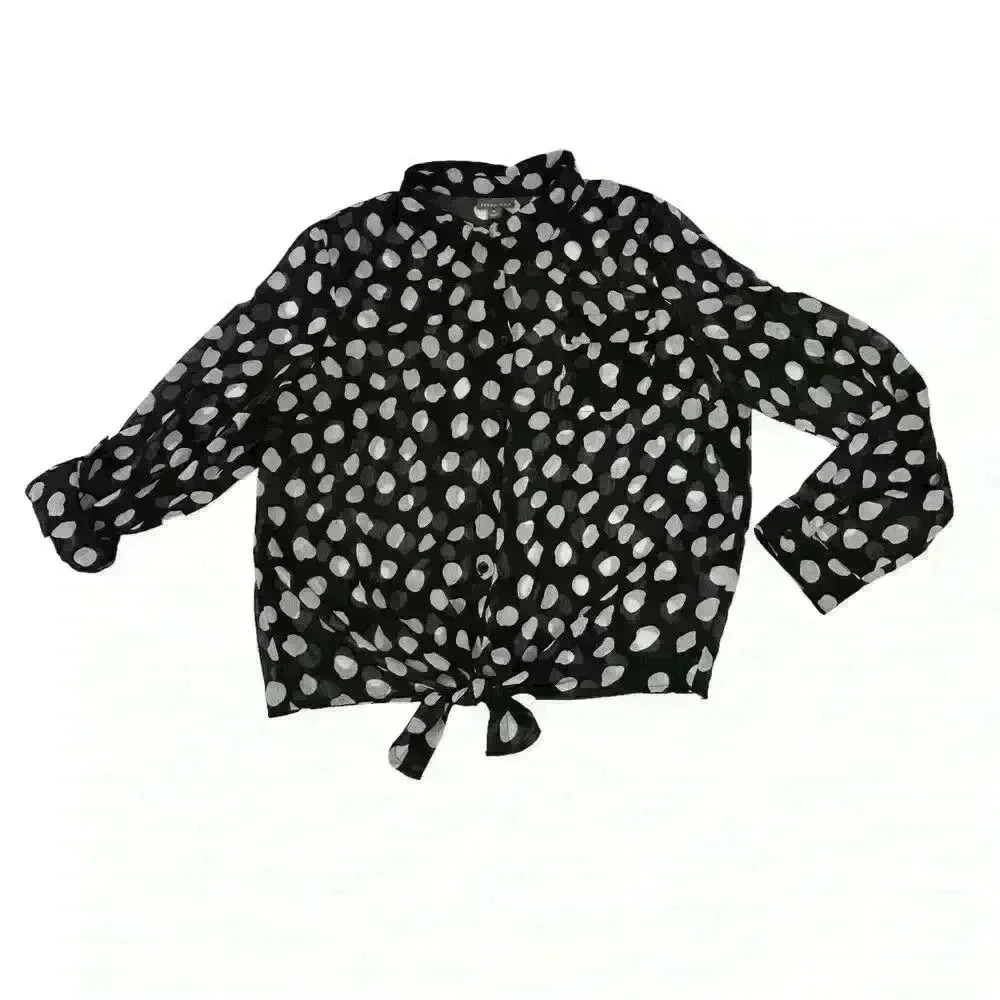 Roz & Ali Womens XL Blouse Black White Polka Dots Sheer Tie Bottom Lightweight